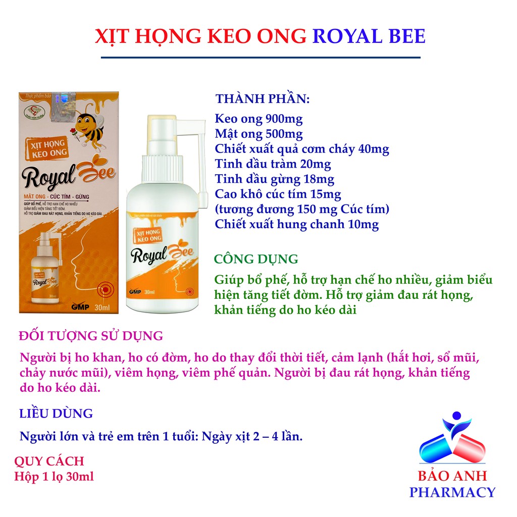 Xịt họng keo ong Royal bee - Đau rát họng, khản tiếng_Hộp 1 lọ 30ml