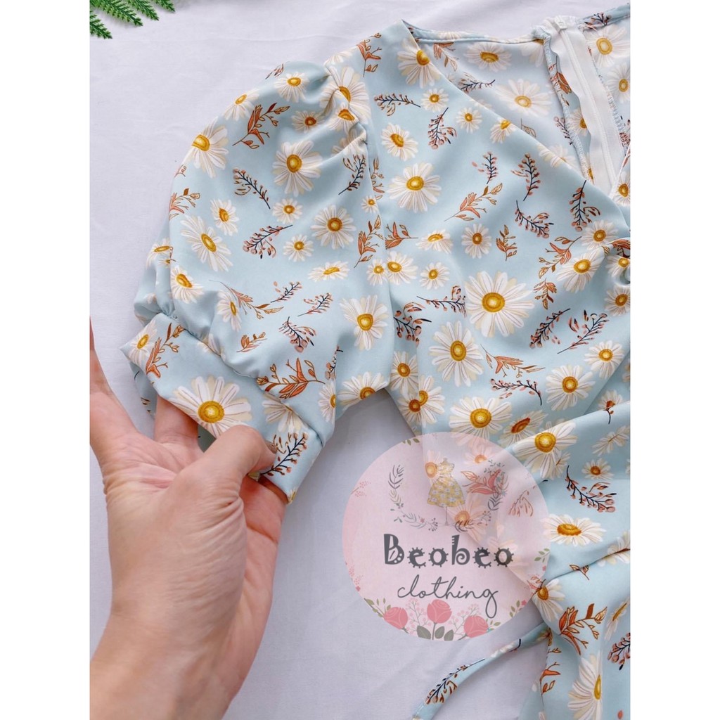 Đầm midi voan hoa cổ v nhúng thân thắt nơ vintage