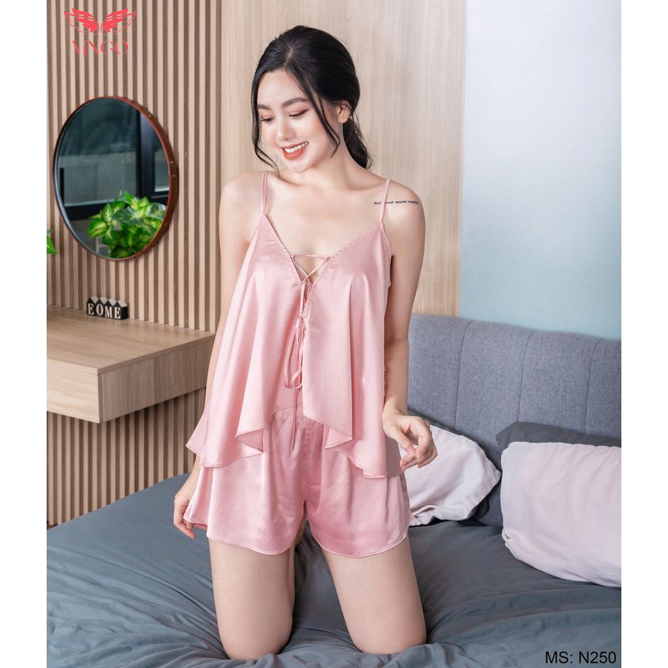 VINGO Bộ đồ ngủ nữ lụa Pháp cao cấp áo 2 dây quần cộc sexy gợi cảm N250 VNGO