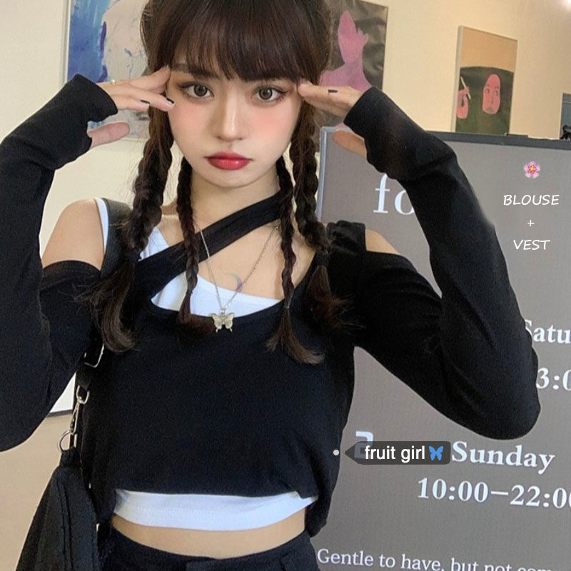 Áo trễ vai ôm dáng giả 2 lớp phong cách thời trang Hàn Quốc dành cho nữ