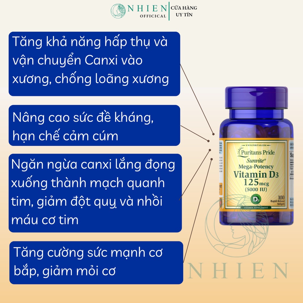 Viên uống Vitamin D3 - 125mcg (5000IU) Puritan’s Pride 100 viên