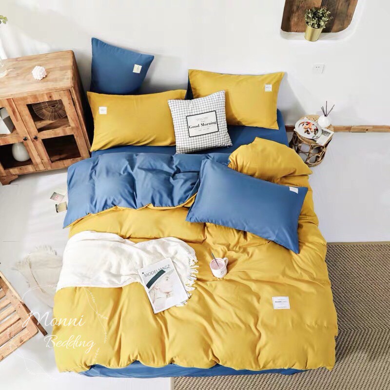 BỘ GA GỐI COTTON HÀN QUỐC TICI MÀU VÀNG PHỐI XANH DƯƠNG CỰC XINH