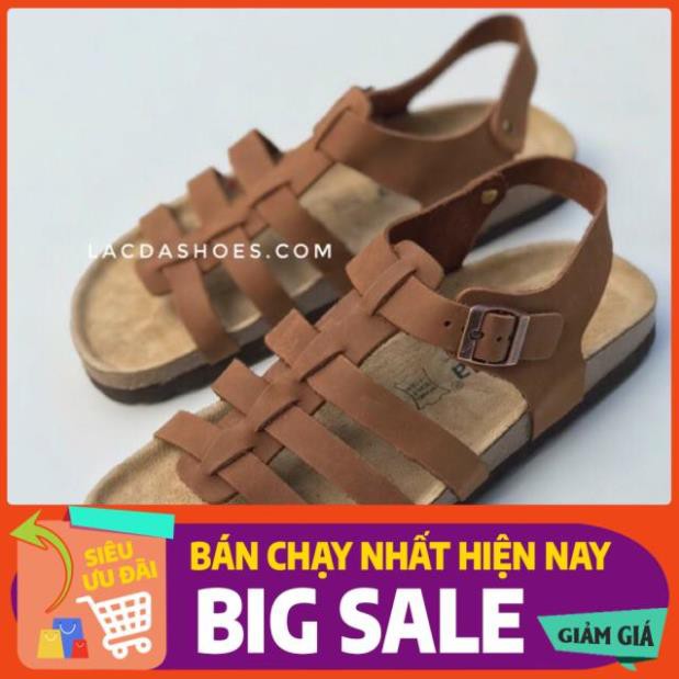XẢ Sandal nam nữ unisex - giày chiến binh đế trấu da thật LSB05 Choco
