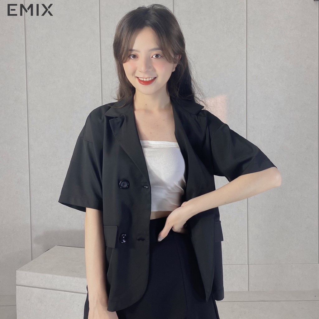 Áo khoác blazer EMIX (màu đen), basic, vest công sở, cộc tay, form rộng, dáng dài, chất trượt hàn mềm mịn 106