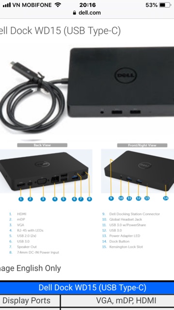 Thiết bị mở rộng cổng giao tiếp Dell USB-C WD15 Docking Station - K17A