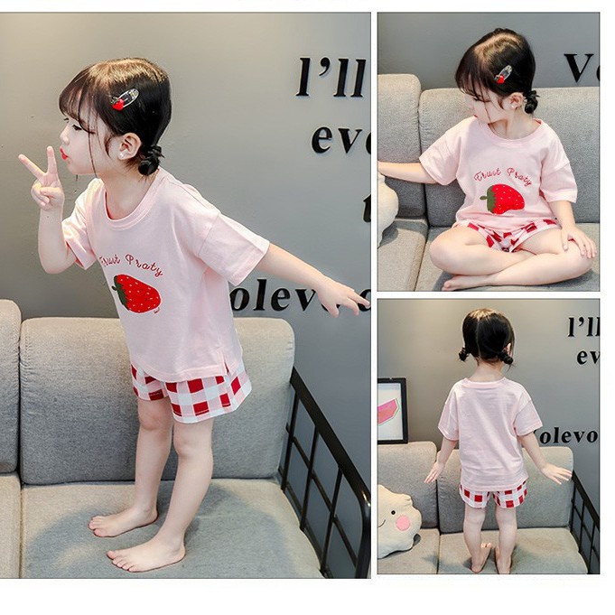 Bộ cộc tay chất cotton in hình khủng long, dâu tây, chuối dễ thương cho bé 8-18kg