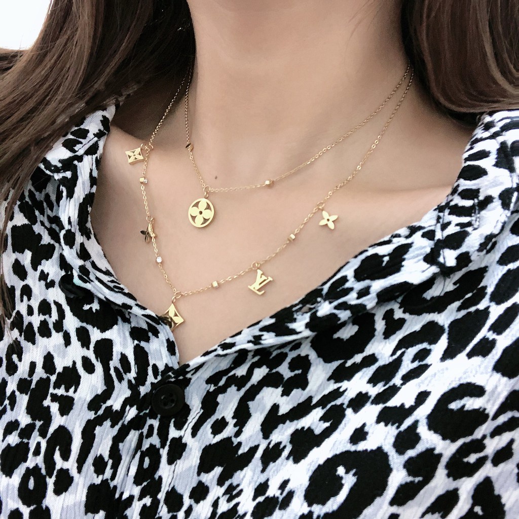 Dây Chuyền Hai Lớp Bằng Thép Không Gỉ Chống Nước Không Gây Dị Ứng Họa Tiết Hoa Năm Cánh Thời Trang Cho Nữ