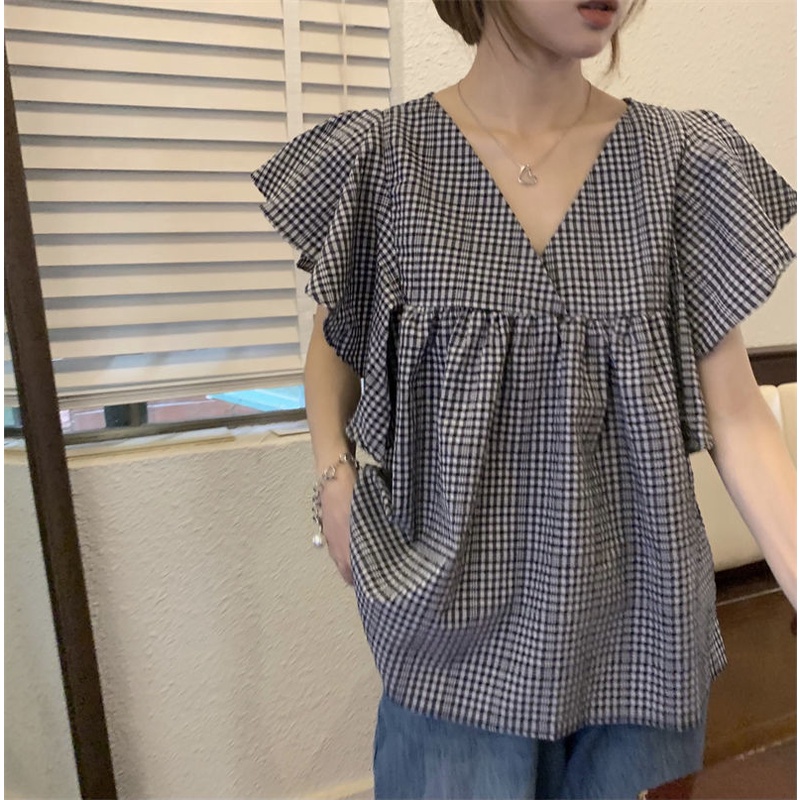 Áo Sơ Mi Tay Cánh Tiên Kẻ Sọc Caro Trắng Đen Dễ Thương Cho Nữ