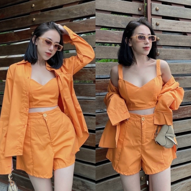 Set kaki 3 món áo croptop 2 dây + khoác sơmi + quần short ngắn kem/xanh/cam/hồng, thời trang năng động đi chơi dạo phố