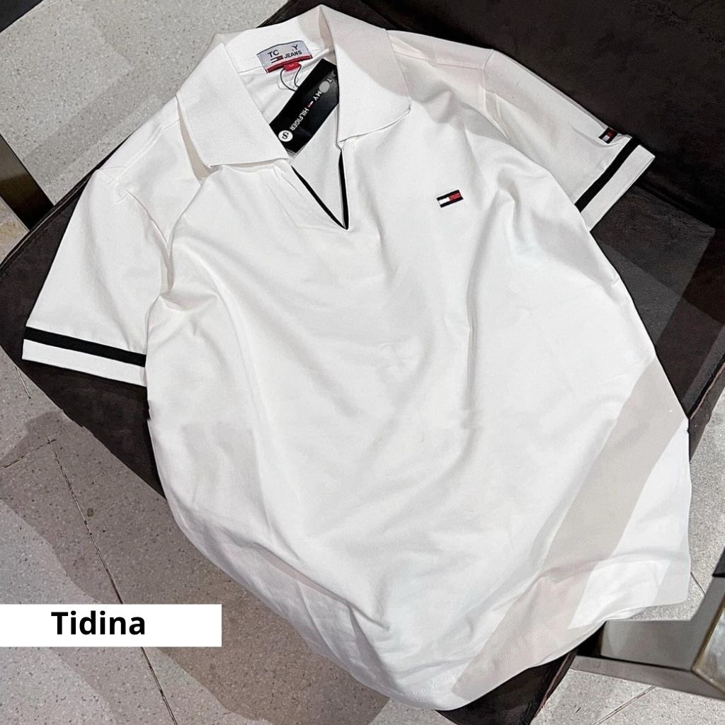 Áo Polo Nữ TIDINA áo thun trắng cổ chữ v viền kẻ tim chất cá sấu cotton mịn hàng cao cấp đẹp