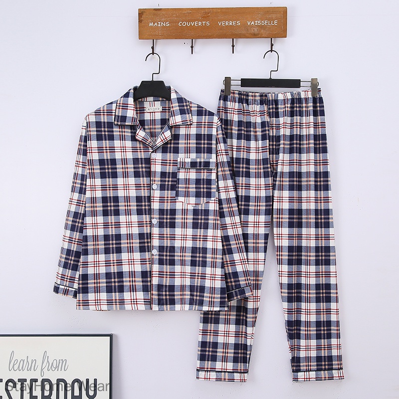 Bộ đồ ngủ pijama tay dài cổ bẻ bằng cotton họa tiết kẻ sọc thời trang cho nam