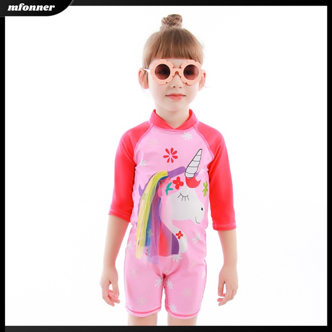 Bộ Đồ Bơi 2 Mảnh Dài Tay Cổ Đứng Khóa Kéo + Mũ Chống Nắng Hoạt Hình Dành Cho Bé Gái