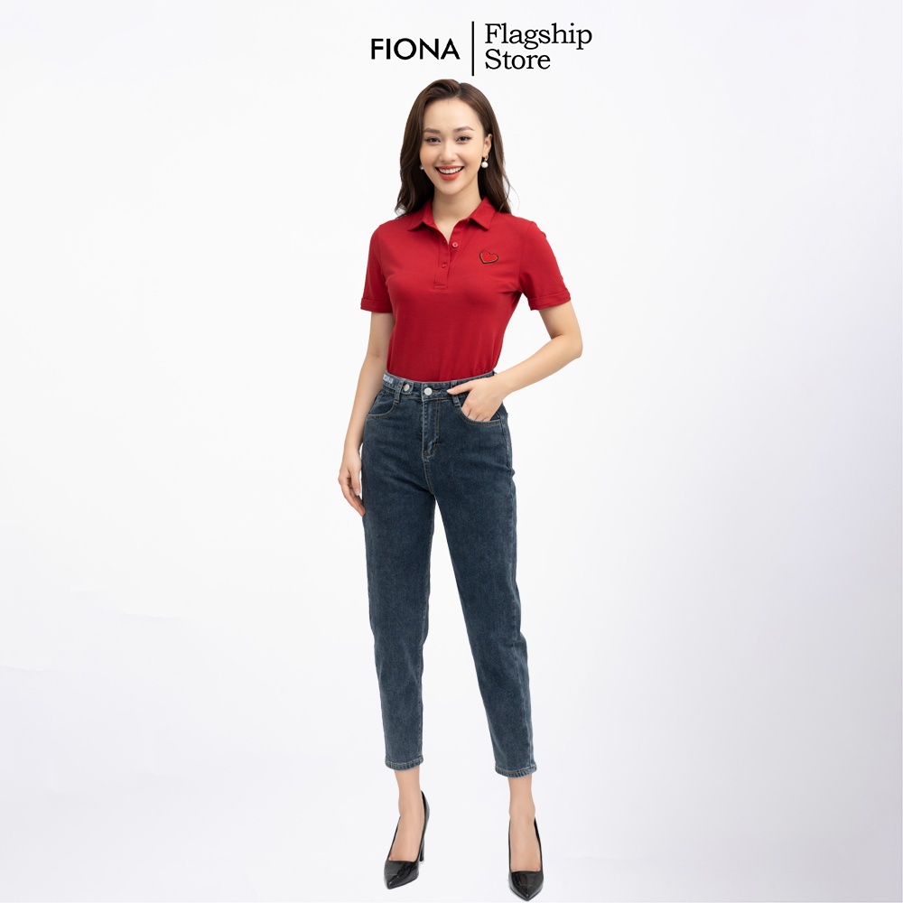Áo thun cotton nữ Fiona, Áo Polo màu đỏ co giãn tay ngắn phông đính trang trí hình tim FIONA F522183