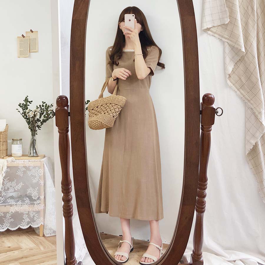 Váy Vintage - Đầm Nữ Cổ Vuông Phối Ren 4 Màu Đơn Giản | BigBuy360 - bigbuy360.vn