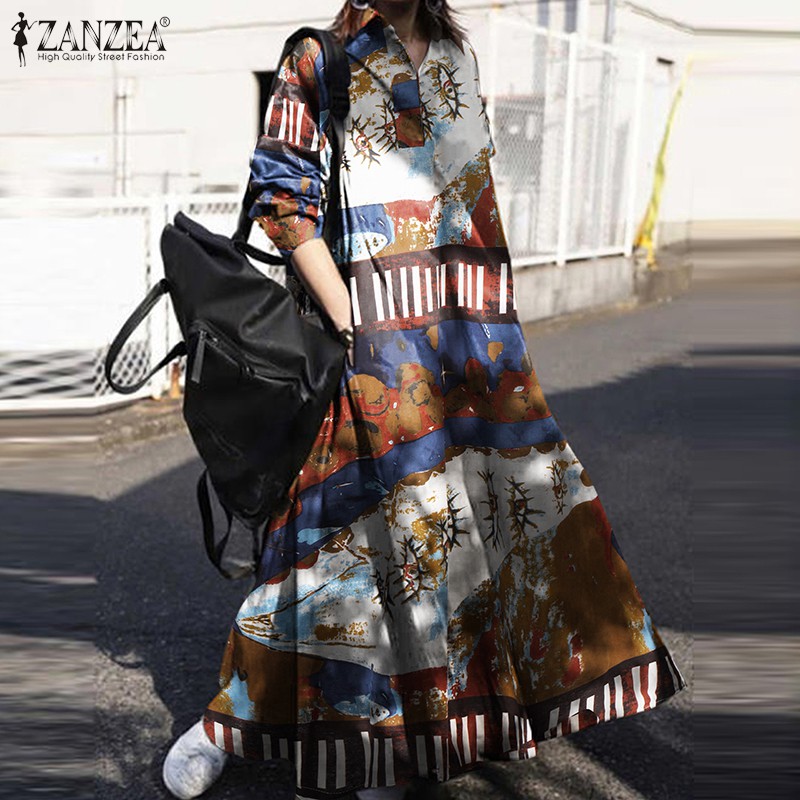 ZANZEA Đầm maxi dáng rộng tay dài họa tiết in thời trang cho nữ