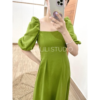 Đầm xanh bơ, chất linen