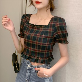 Áo crop top tay ngắn cổ vuông họa tiết sọc caro thời trang phong cách Hàn Quốc cho nữ