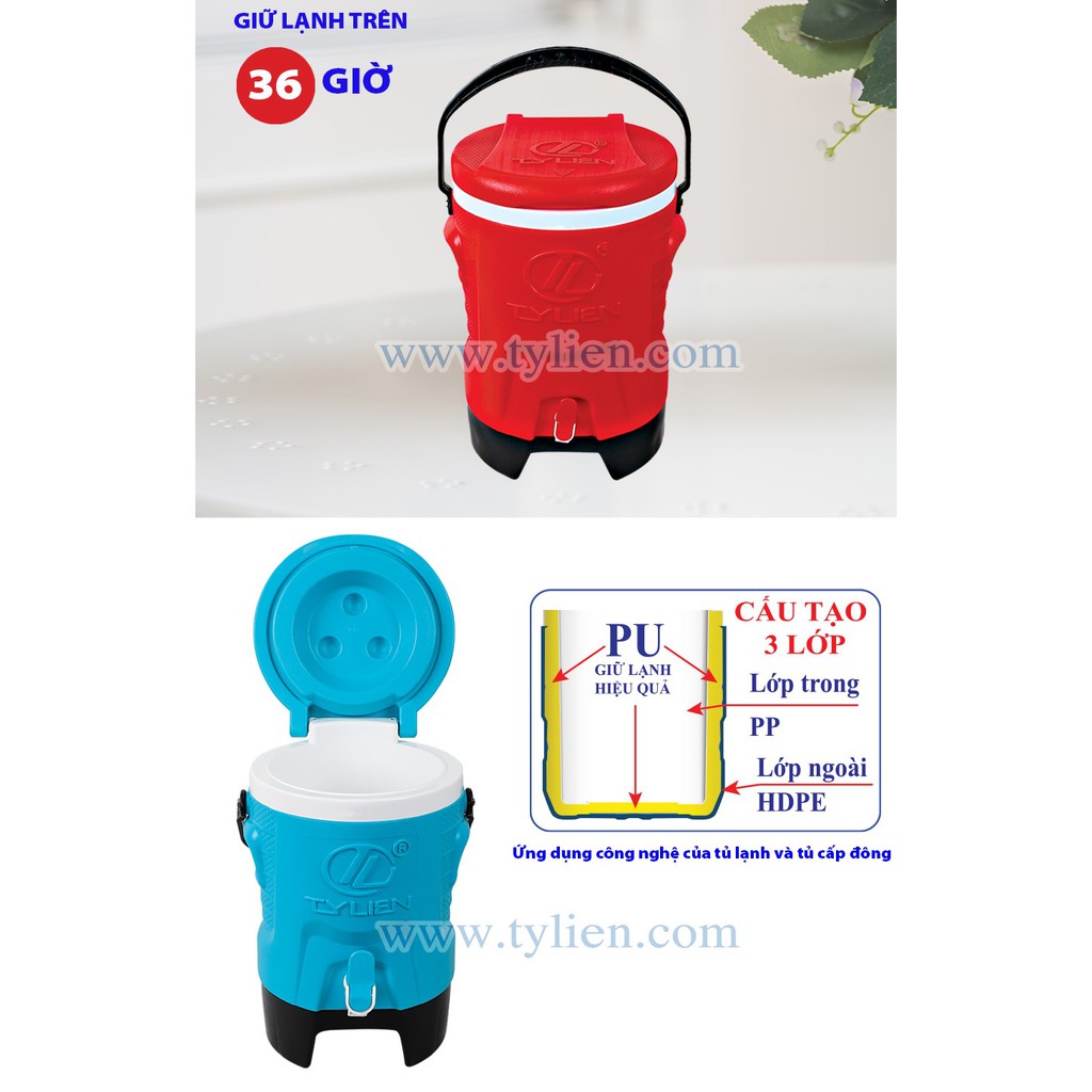 Thùng đá tròn có vòi, quai xách, dung tích 8l, giữ lạnh 3 ngày super cool, nhựa chính phẩm an toàn, thương hiệu Tý Liên
