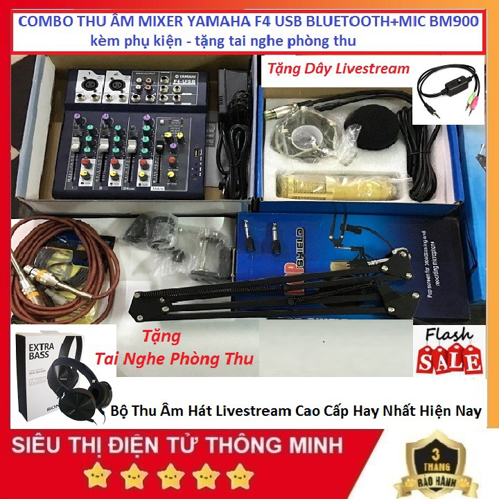 COMBO MIXER YAMAHA F4, BỘ F4 USB BLUETOOTH & MIC BM900 LIVESTREAM - TẶNG TAI NGHE