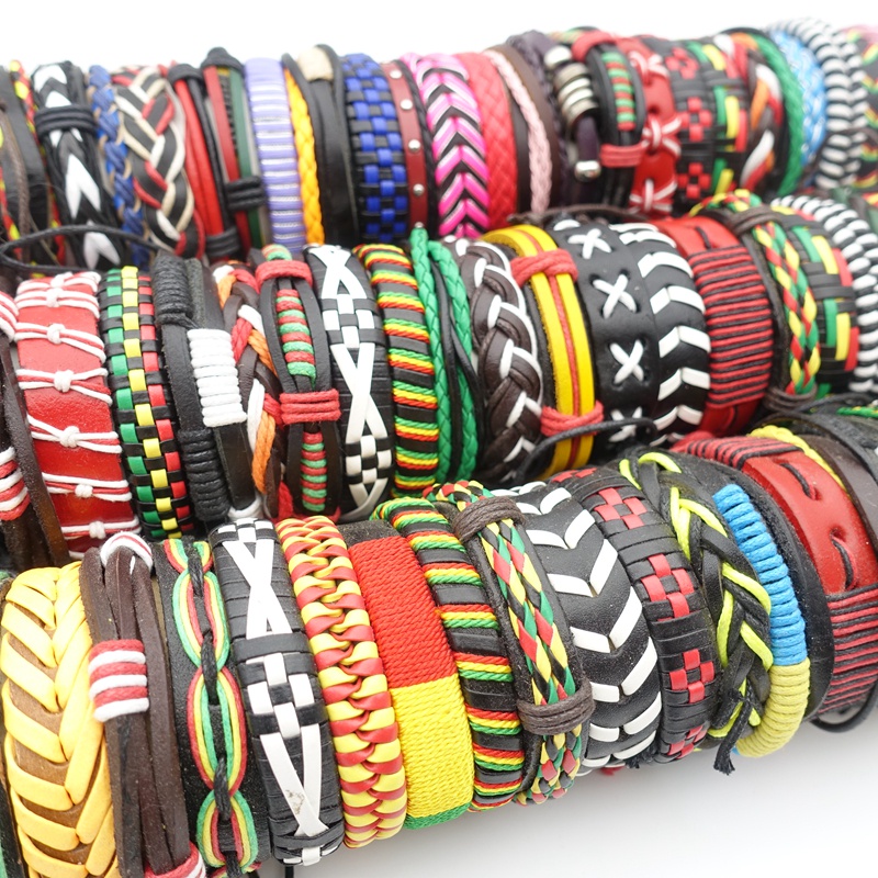 Set 10 Vòng Tay Handmade Bằng Da Màu Đen / Nâu Thời Trang Cho Nam Và Nữ