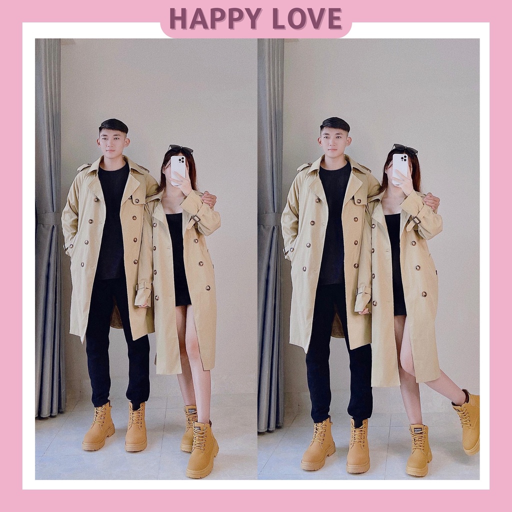 Áo Khoác Mangto Đôi Nam Nữ Form rộng mùa Đông đẹp kiểu dáng Hàn Quốc HAPPYLOVE, Set Đồ Đôi Couple Màu Kem Dáng Dài H26