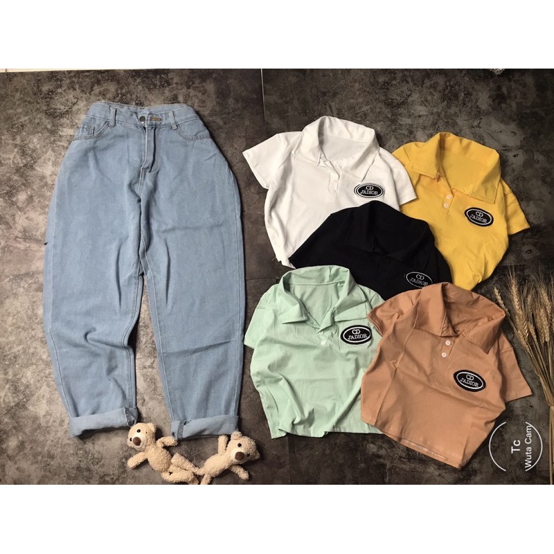 SÉT quần baggy bò xanh kèm áo crt lô gô