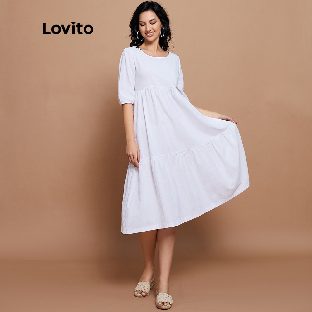 Đầm maxi Lovito chất linen dáng suông rộng cổ tròn xếp nếp tay phồng màu trơn đơn giản L14X001