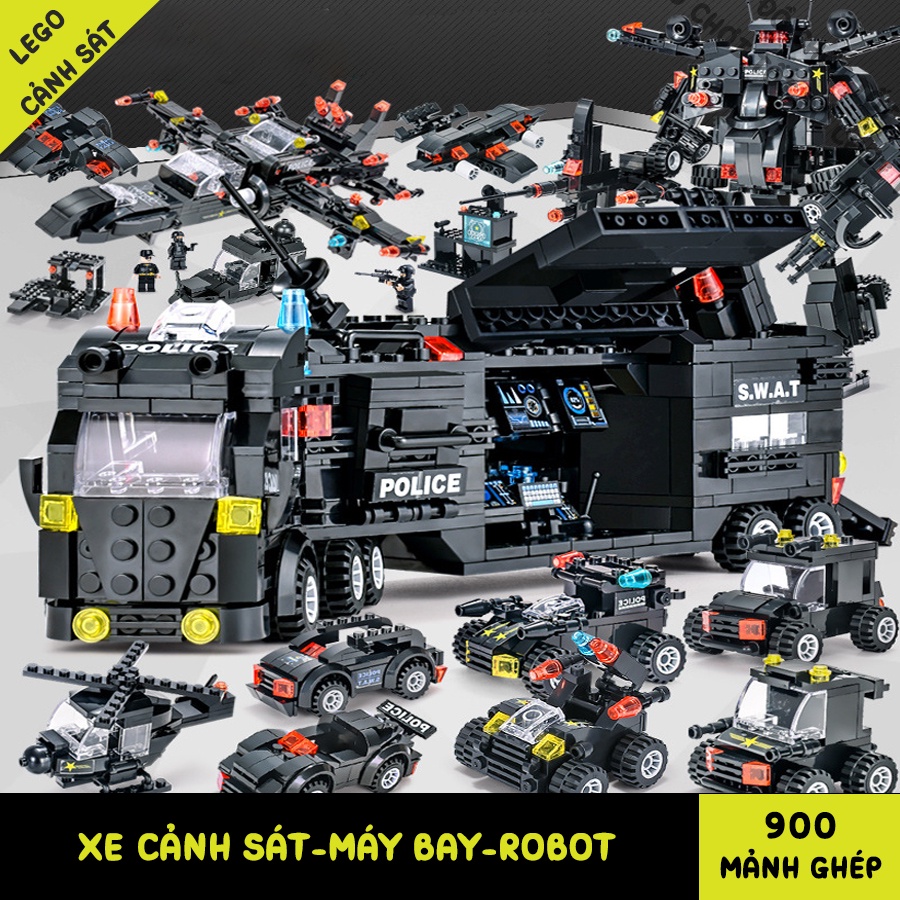 [500 CHI TIẾT-ĐẠT CHUẨN 3C] BỘ ĐỒ CHƠI LẮP RÁP LEGO CẢNH SÁT SWAT ROBOT QUÂN ĐỘI VÀ MÁY BAY CHIẾN ĐẤU