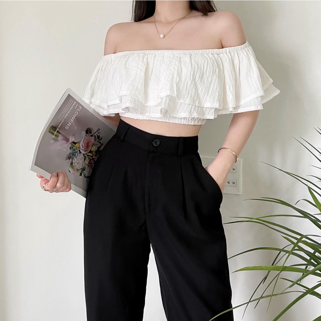 ÁO CROPTOP TRỄ VAI 2 TẦNG VOA78 TRẮNG