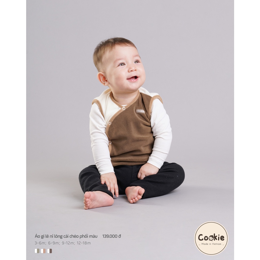 Cookie - Áo gile nỉ lông cài lệch phối màu cho bé trai, bé gái từ 3 tháng đến 18 tháng