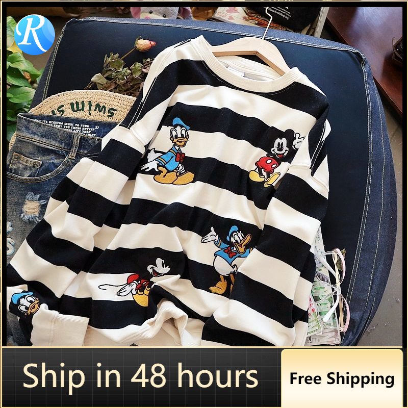 Áo Sweater Tay Dài Mỏng Thêu Họa Tiết Sọc Chuột Mickey Vịt Donald Thời Trang Xuân Thu Mới Cho Nữ