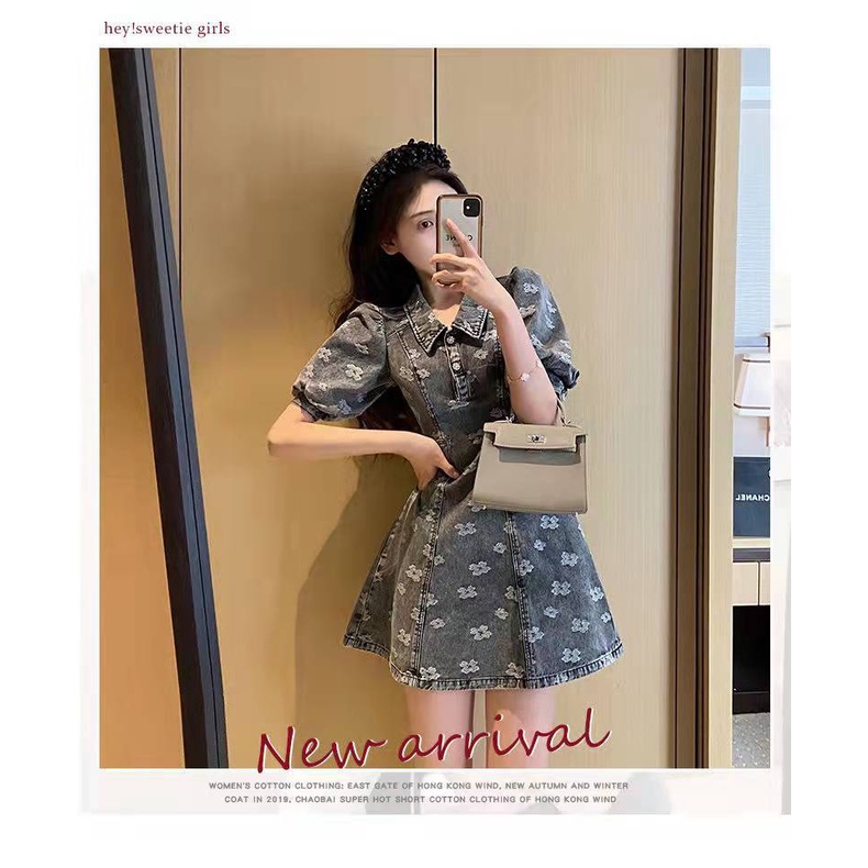 Váy demin cổ tích mua xuân form ngắn thiết kế chữ A kiểu Pháp