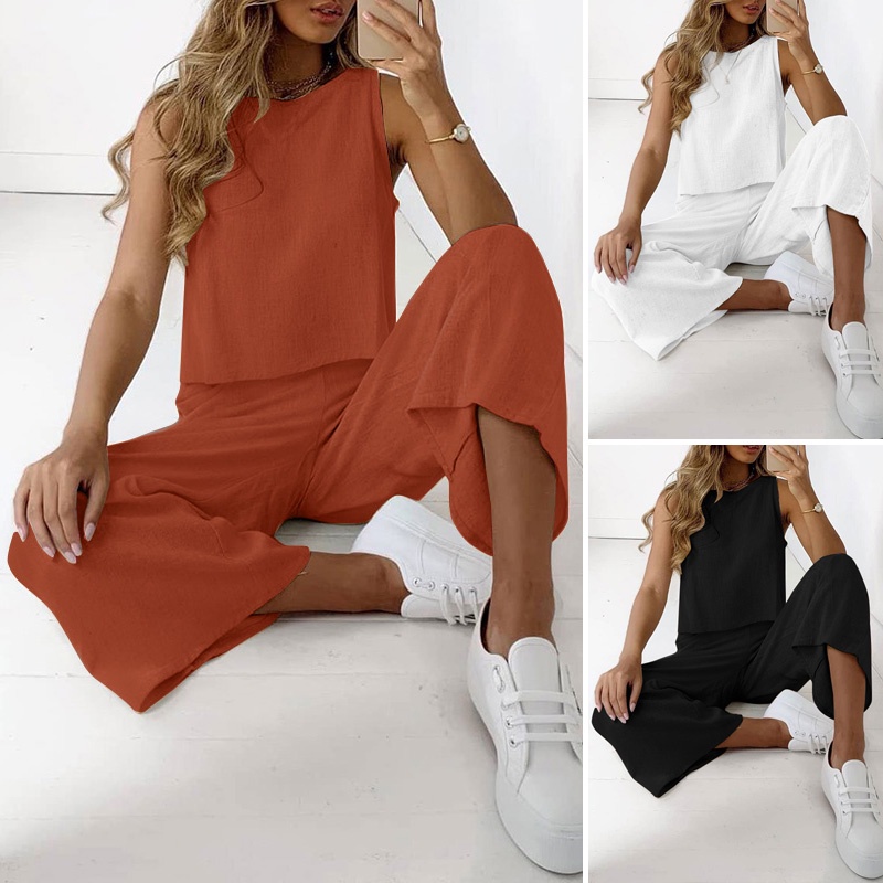 Bộ đồ cotton ZANZEA gồm áo kiểu cổ tròn không tay và quần ống rộng dáng dài màu trơn dễ phối đồ cho nữ