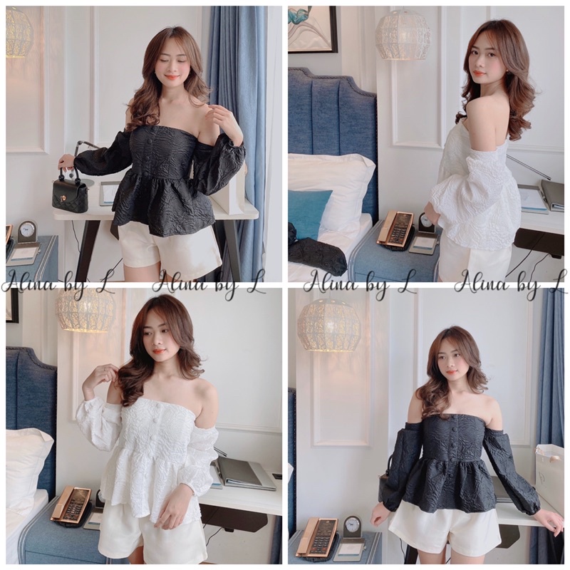ALINA by L - Áo trễ vai vải gấm đính cúc siêu tiểu thư