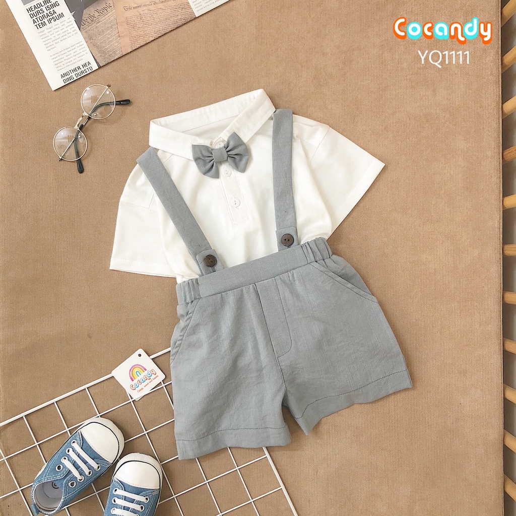 Set đồ cho bé- Áo thun trắng có cổ và yếm quần công tử ghi kèm nơ cho bé của COCANDY mã AT117100, YQ111103