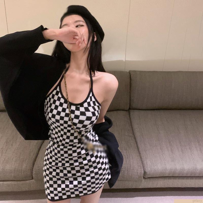 Đầm ngắn ôm dáng không tay in họa tiết caro phong cách Hàn Quốc quyến rũ cho nữ