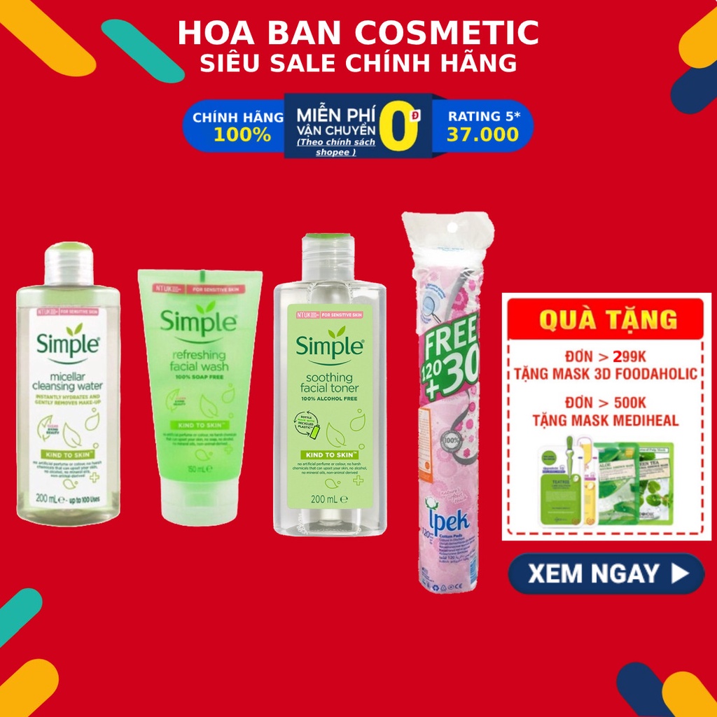 Combo Simple Tẩy trang 200ml + Bông tẩy trang ipek 150 miếng + Sữa rửa mặt 150ml + Nước hoa hồng 200ml