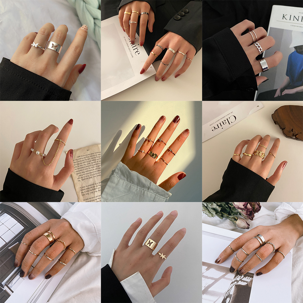 Set nhẫn kim loại màu vàng bạc kiểu bướm đính ngọc trai giả phong cách Hàn Quốc thời trang dành cho nữ