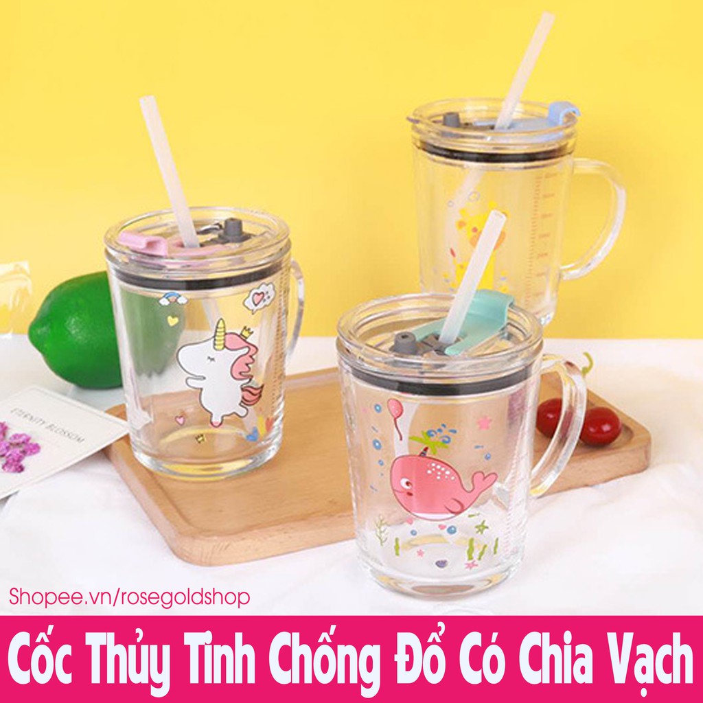 Cốc Thủy Tinh Chống Đổ Có Chia Vạch Tiện Có Nắp Và Ống Hút Tiện Lợi Cho Trẻ Nhỏ