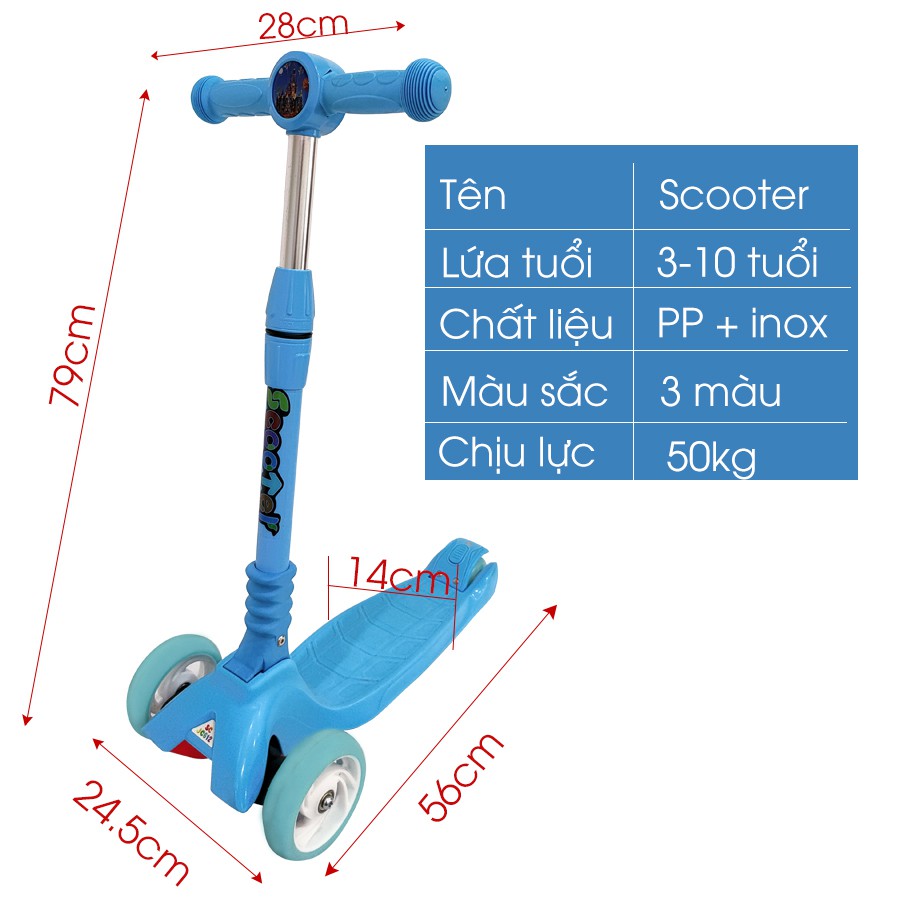 Xe trượt scooter 3 bánh phát sáng JC750  - Bánh xe cao su có đèn phát sáng, gấp gọn, an toàn cho bé