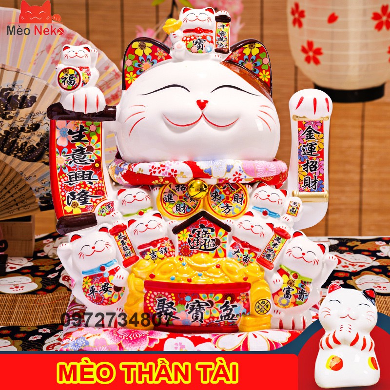 Mèo Thần Tài Vẫy Tay Phát Tài Phát Lộc Gốm Sứ Cao Cấp ( Kèm đệm đỏ và dây cắm ) size 29 cả đệm