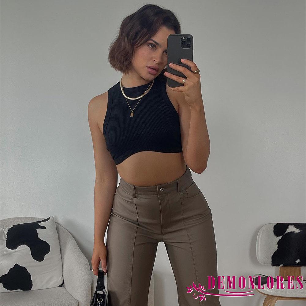 Áo Croptop Sát Nách Cổ Tròn Màu Sắc Thanh Lịch Cho Nữ