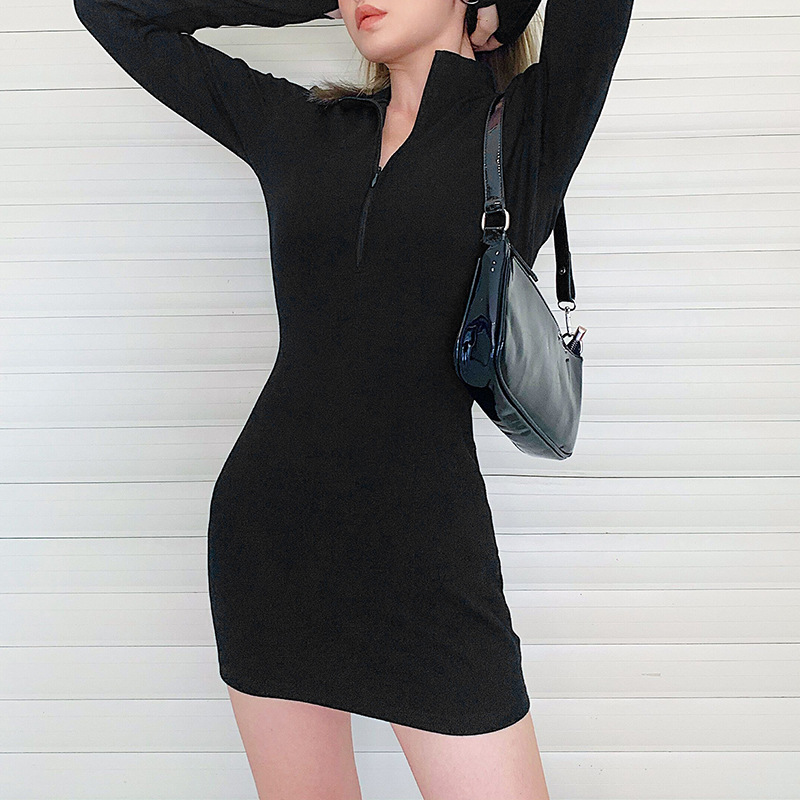 Đầm Body Tay Dài Phối Khoá Kéo Thiết Kế Màu Trơn Thanh Lịch