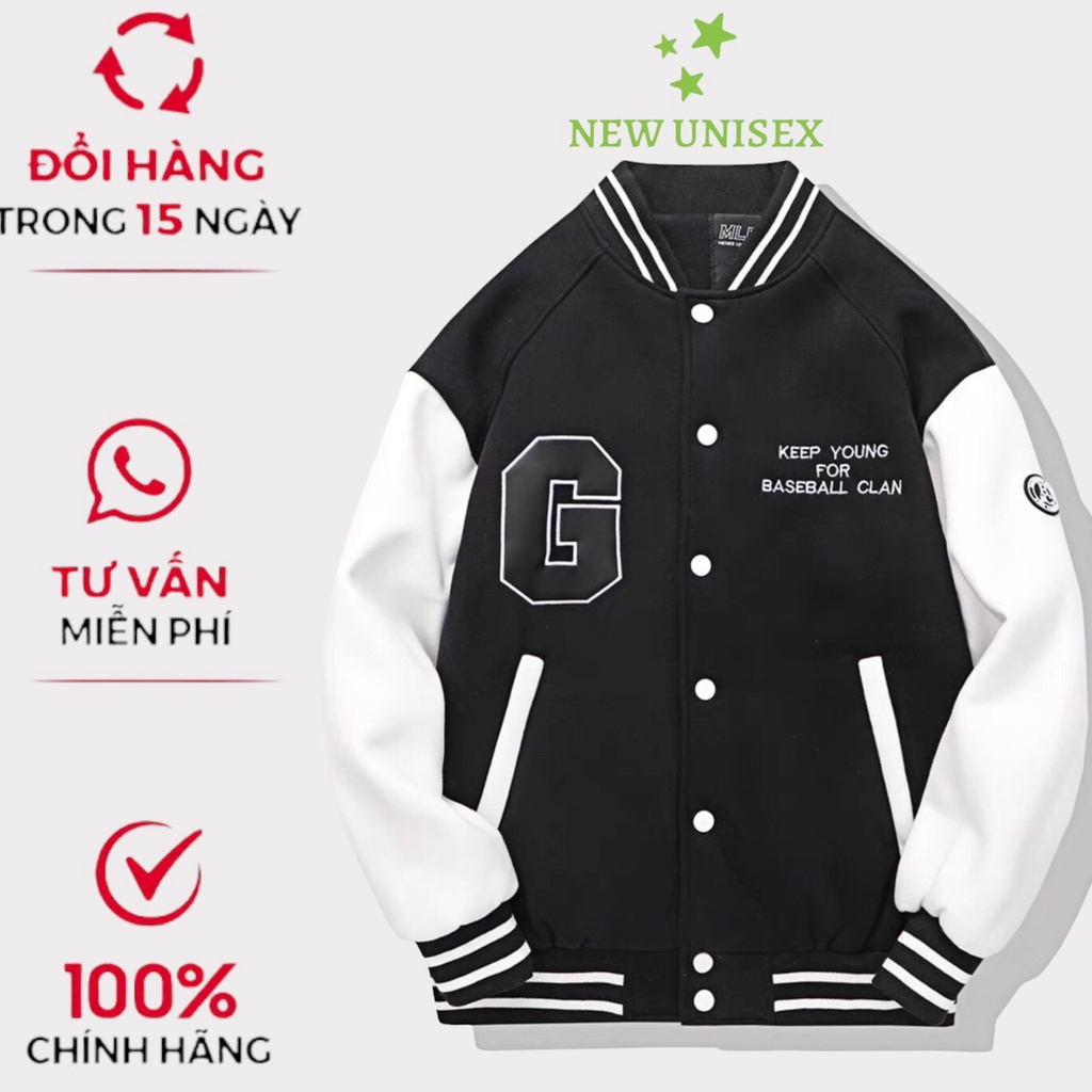 Áo Khoác Bomber Nam Nữ Nỉ Chữ G Phối Tay Trắng Hot Trend