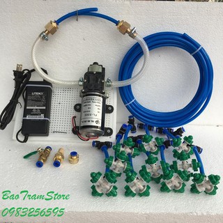 Bộ máy phun sương tưới cây tự động 10 béc 4 cửa dùng máy bơm tăng áp mini 12v 65w FL3203