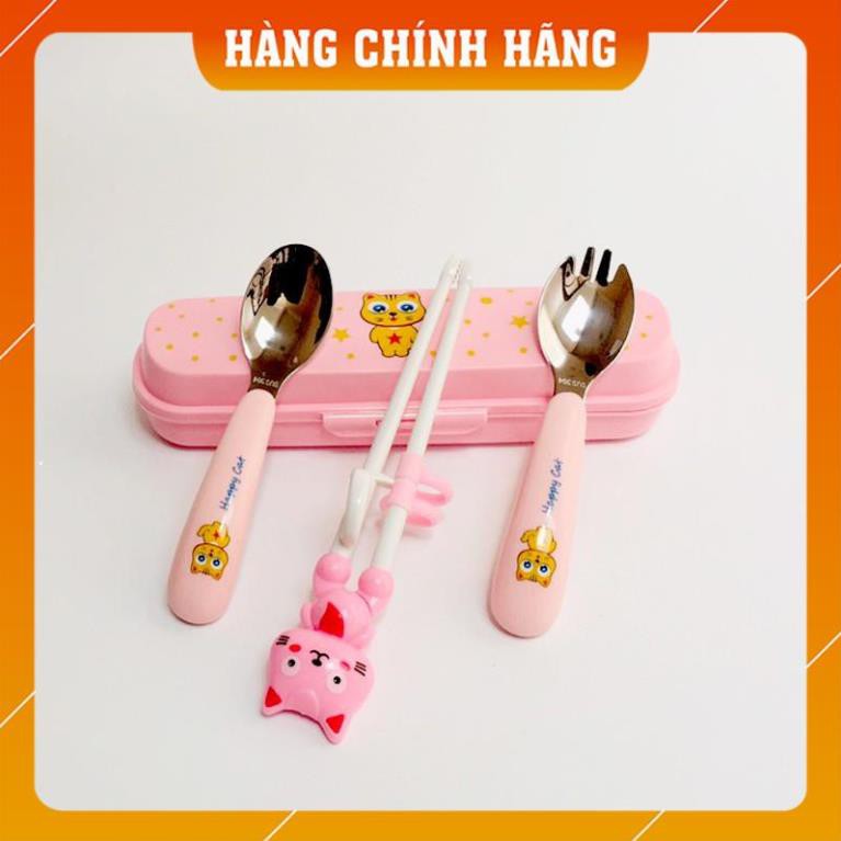 Bộ đũa thìa dĩa ăn dặm inox Happycat Hàn Quốc