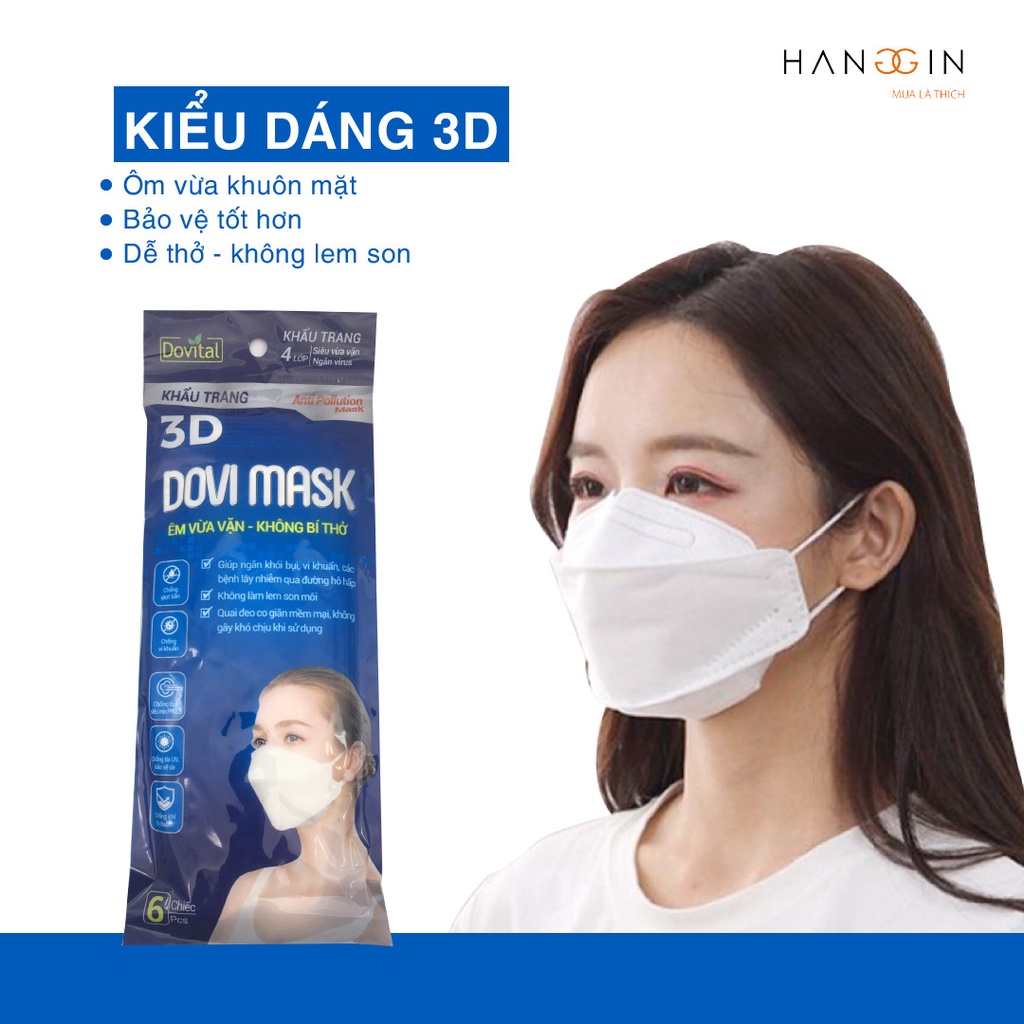 Khẩu Trang 3D Dovi Mask 4 Lớp Chống Bụi Siêu Mịn PM 2.5, Kháng Khuẩn, Êm Vừa Vặn, Không Bí Thở - Túi 6 chiếc