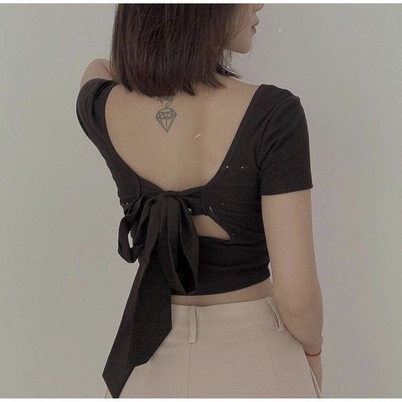 Áo croptop cộc tay cổ vuông phối nơ lưng - Rere.Store [FREESHIP] - Thun dáng crt ôm body buộc nơ sau cut out A31-1