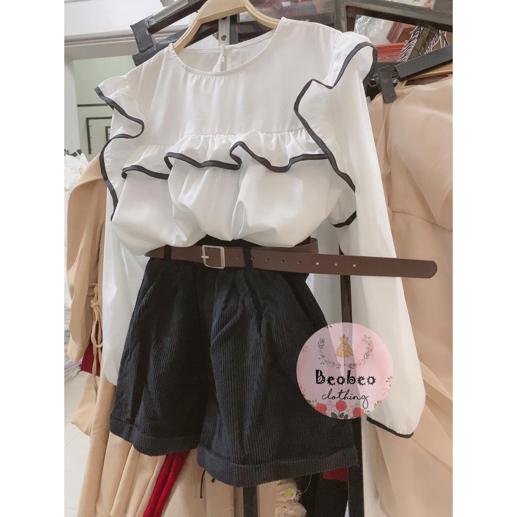 Áo babydoll sơ mi tay bo phồng bèo viền đen dễ thương