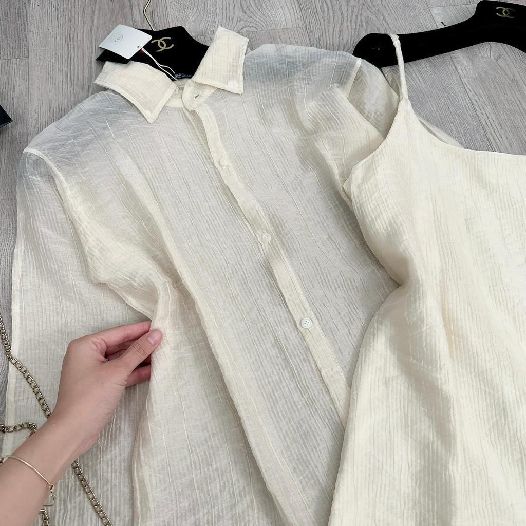 Set Váy Nữ Áo Sơ Mi Nữ Tơ Sọc Kèm Váy 2 Dây Nữ Trơn Dáng Dài Có Lớp Lót Freesize